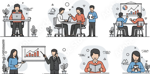 Stylized illustrations of diverse individuals engaged in various office and personal activities