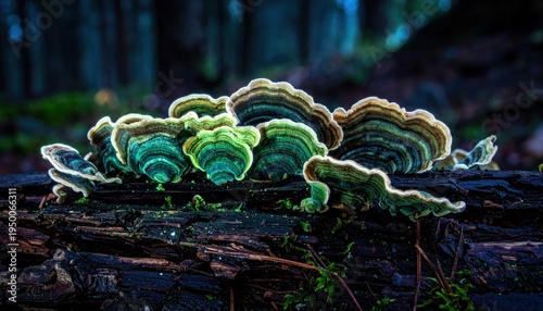 Bioluminescent Fungi Illuminate a Decaying Log in a Mysterious Forest Scene