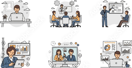 Professionals engage in various business activities, from individual work to team meetings and online collaboration