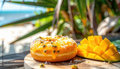 Bright Tropical Mango Passionfruit Doughnut with Orange Glaze and Coconut Topping on a Wooden Board