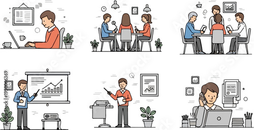 Stylized business team in various meeting and work scenarios