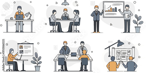 Business meeting scenarios depicted in a modern, flat illustration style