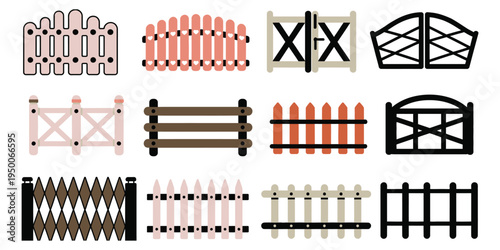 Wooden Garden Fence, vector design featuring rustic fences, garden gates, decorative yard panels, editable EPS for website, app, UI, template, landscaping, outdoor home design
