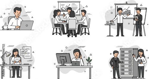 Business illustrations office meeting, presentation, desk work, and server room