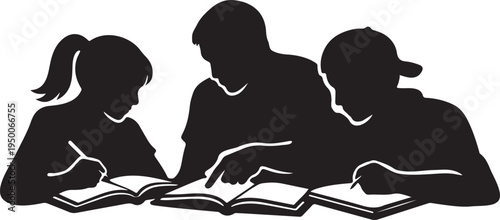 Students Studying Together Silhouette white background