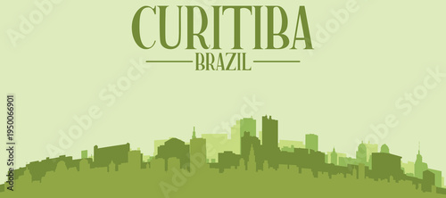 Green panoramic poster of the city skyline with solid background buildings on a hilly terrain of CURITIBA, BRAZIL