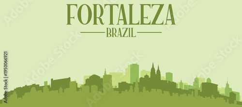 Green panoramic poster of the city skyline with solid background buildings on a hilly terrain of FORTALEZA, BRAZIL