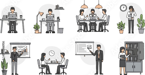 Office scenes people working, meeting, presenting, and organizing files (1)