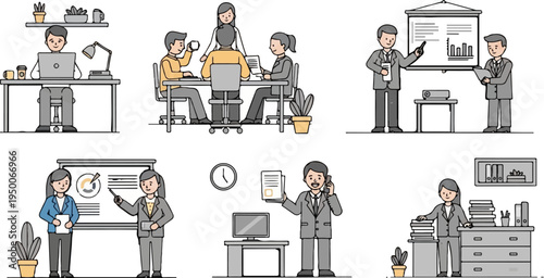 Office workers collaborate on projects, present data, and manage tasks