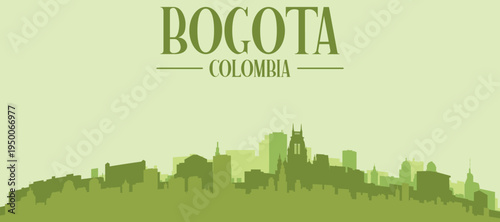 Green panoramic poster of the city skyline with solid background buildings on a hilly terrain of BOGOTA, COLOMBIA