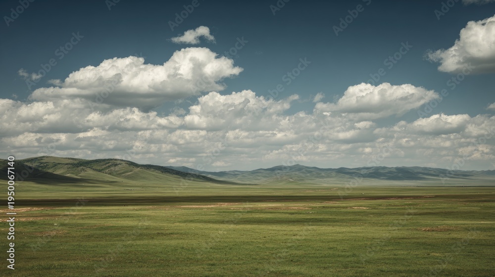 Obraz premium Serene Green Landscape Under a Vast Sky with Fluffy Clouds and Gentle Rolling Hills in Natural Daylight