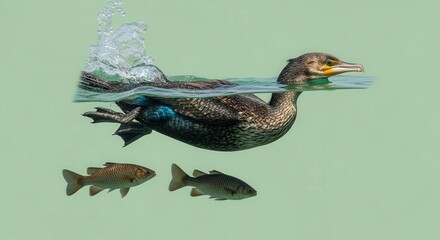 Diving Duck with Fish Swimming in Clear Water Underwater Scene