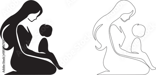 Woman holding a child on her lap. Vector editable silhouette of a mother.