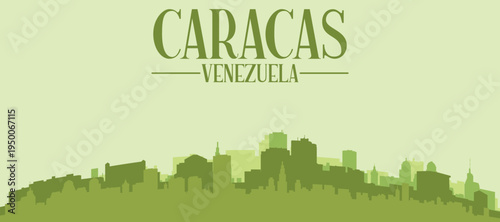 Green panoramic poster of the city skyline with solid background buildings on a hilly terrain of CARACAS, VENEZUELA
