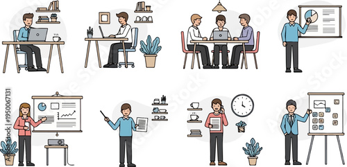 Office scenes featuring people working, presenting, and collaborating