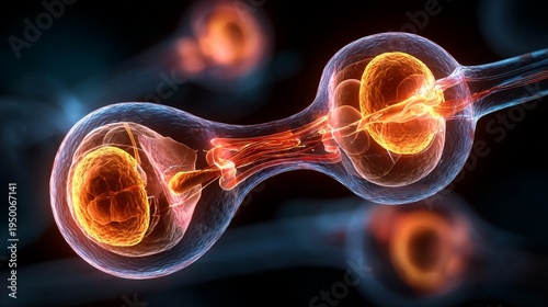 Neuron communicating through a synapse, showing neurotransmitters transmitting signals between connected brain cells within the human nervous system in a scientific 3d render