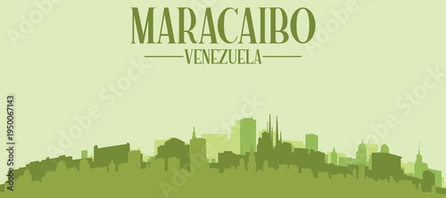 Green panoramic poster of the city skyline with solid background buildings on a hilly terrain of MARACAIBO, VENEZUELA