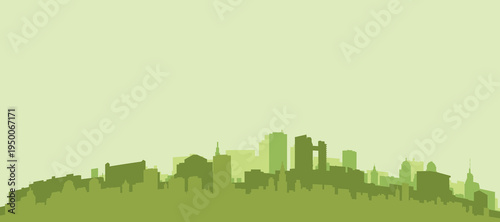 Green panoramic poster of the city skyline with solid background buildings on a hilly terrain of VALENCIA, VENEZUELA