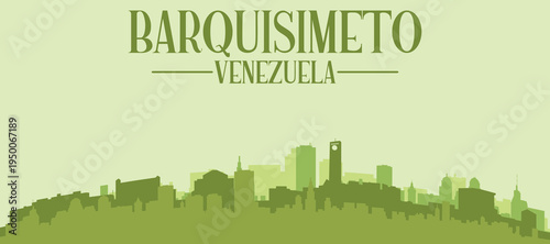 Green panoramic poster of the city skyline with solid background buildings on a hilly terrain of BARQUISIMETO, VENEZUELA