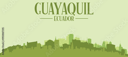 Green panoramic poster of the city skyline with solid background buildings on a hilly terrain of GUAYAQUIL, ECUADOR
