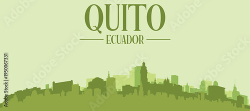 Green panoramic poster of the city skyline with solid background buildings on a hilly terrain of QUITO, ECUADOR