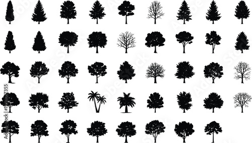 Large collection of tree silhouettes isolated on white background, vector set of forest, pine, palm and leafless trees for landscape design