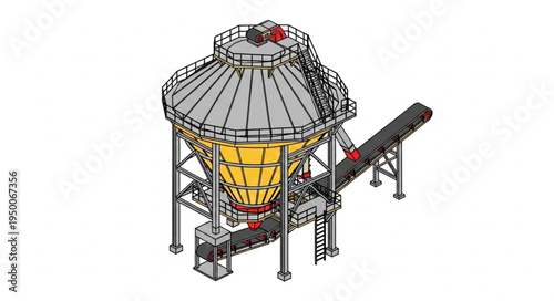 Industrial silo with conveyor belt system for material handling.