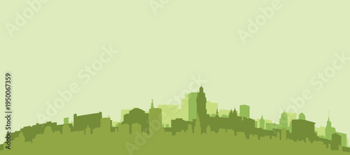 Green panoramic poster of the city skyline with solid background buildings on a hilly terrain of QUITO, ECUADOR