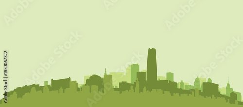 Green panoramic poster of the city skyline with solid background buildings on a hilly terrain of SANTIAGO, CHILE