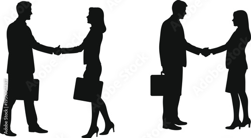 Silhouettes of two business couples shaking hands and closing a deal Keywords: business, handshake, deal, agreement, partnership