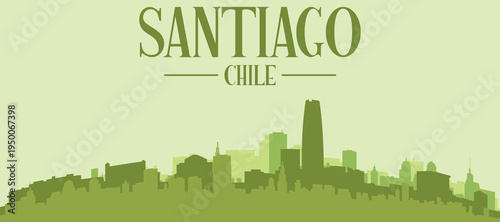 Green panoramic poster of the city skyline with solid background buildings on a hilly terrain of SANTIAGO, CHILE