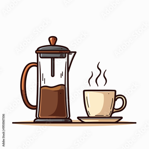 Cozy flat vector illustration of a glass French press coffee maker and a hot steaming cup for delicious morning cafe and breakfast designs.