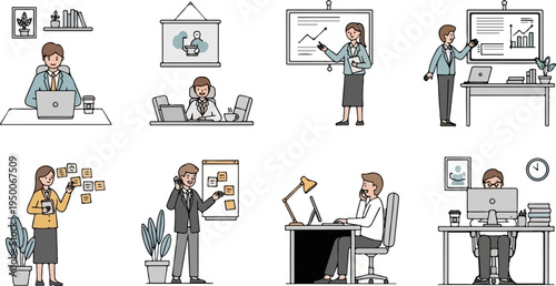 Office workers collaborating, presenting, and working on laptops and computers