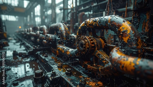 Intricate industrial machinery with complex mechanical linkages and gears covered in rust within a dimly lit factory setting