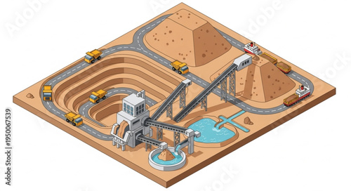 Industrial Mining Operation With Trucks and Conveyor System.