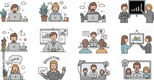 Diverse business professionals collaborating, presenting data, and working remotely