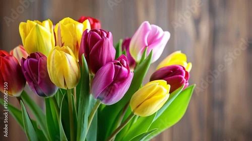 Vibrant tulips bloom in warm, soft light. Colors range from yellow to deep pink and red. Green stems stand tall against rustic wooden background. Flowers face forward, creating cheerful