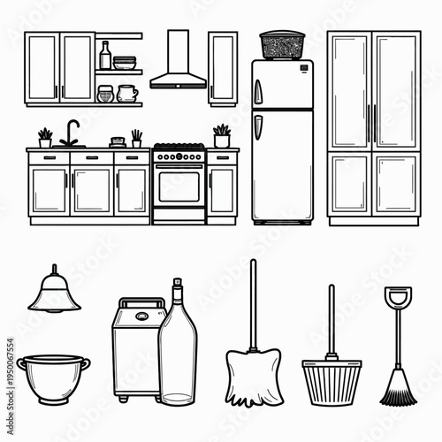 Clean line art vector drawing of a modern domestic bathroom interior featuring a vanity sink and shower enclosure for home styling concepts.