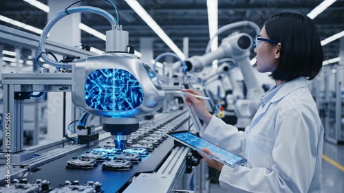 Video of automated quality control line scanning products in a high tech factory environment, advanced manufacturing workflow and smart industry automation visual for business marketing content.