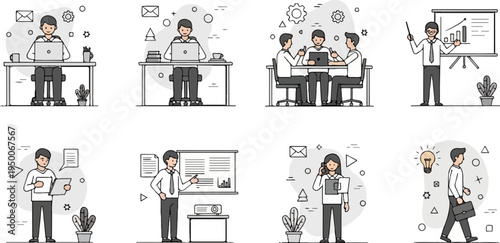 Diverse business scenarios depicted with simple, modern line art, in monochrome