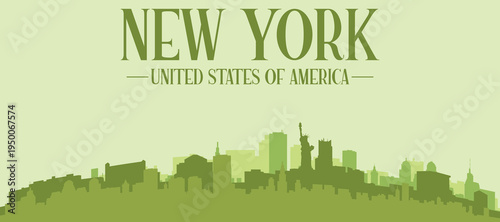 Green panoramic poster of the city skyline with solid background buildings on a hilly terrain of NEW YORK, UNITED STATES