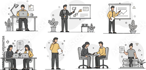 Diverse business scenarios featuring individuals in office and meeting settings