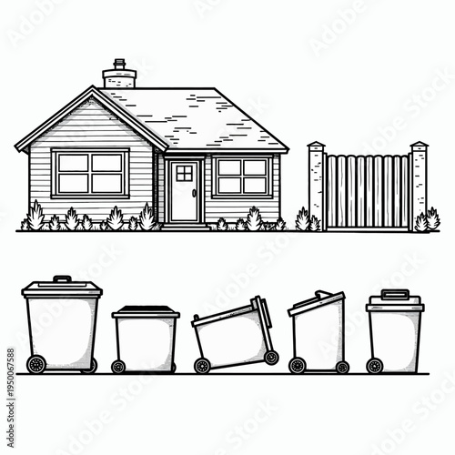 Charming line art vector illustration of a classic suburban residential house with a traditional white picket fence for real estate concepts.