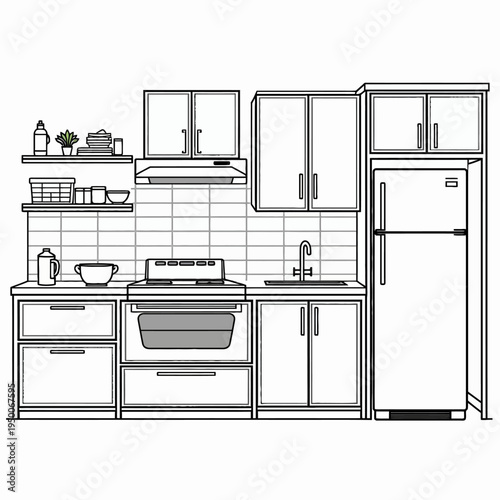 Clean minimalist line art vector drawing of a modern domestic kitchen setup with cabinets and cooking appliances for architectural interior plans.