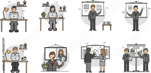 Diverse business scenarios depicting work and presentations
