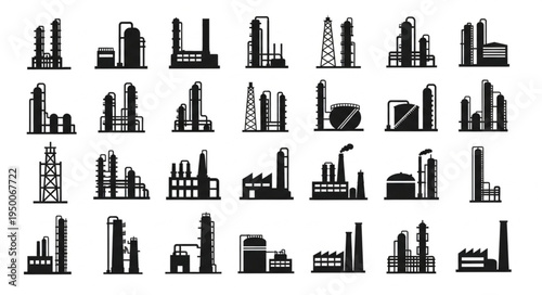 Collection of Industrial Plant Silhouettes - Factory, Refinery, and Manufacturing Icons.