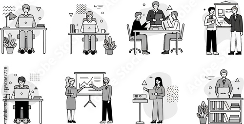 Business people in office settings, working on laptops and giving presentations