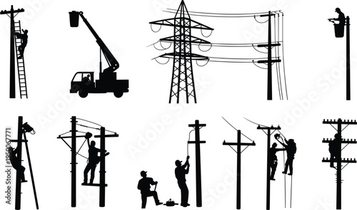 Silhouettes of Utility Workers Maintaining Power Lines On Poles Keywords: power line worker, utility worker, electrician