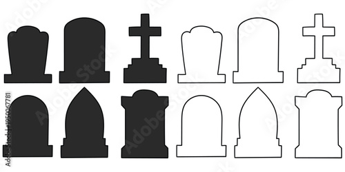 Hand-drawn cartoon and doodle set of gravestone tombstone icons on a white background.