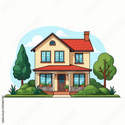 Colorful flat vector illustration of a charming classic two-story suburban residential house for real estate property and comfortable family living concepts.